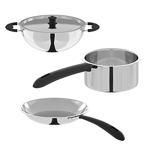 Lifelong Llssck01 Cookware Set Of 3| Stainless Steel Kadhai With Lid 23 Cm| Stainless Steel Sauce Pan 16 Cm| Stainless Steel Fry Pan 23 Cm| Bakelite Handles (Silver)